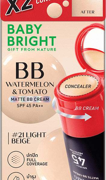 كريم أساس مطفي برائحة البطيخ والطماطم، عامل حماية من الشمس SPF45 PA++، 30 غرام (مع كونسيلر مجاني)، لون بيبي برايت (متوسط)، رقم 21 بيج فاتح (Y2024)
